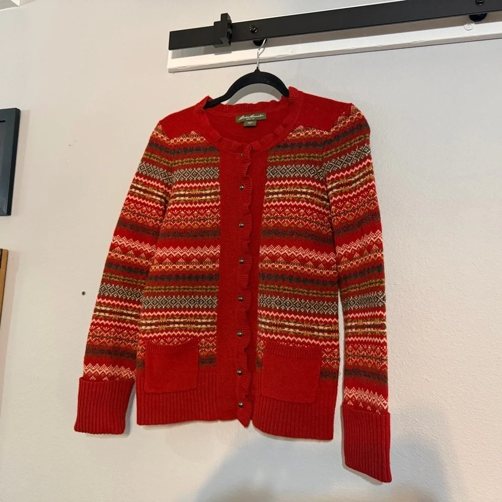 Eddie Bauer Button Front Lambs Wool Cardigan Sweater Size Small Red Fair Isle